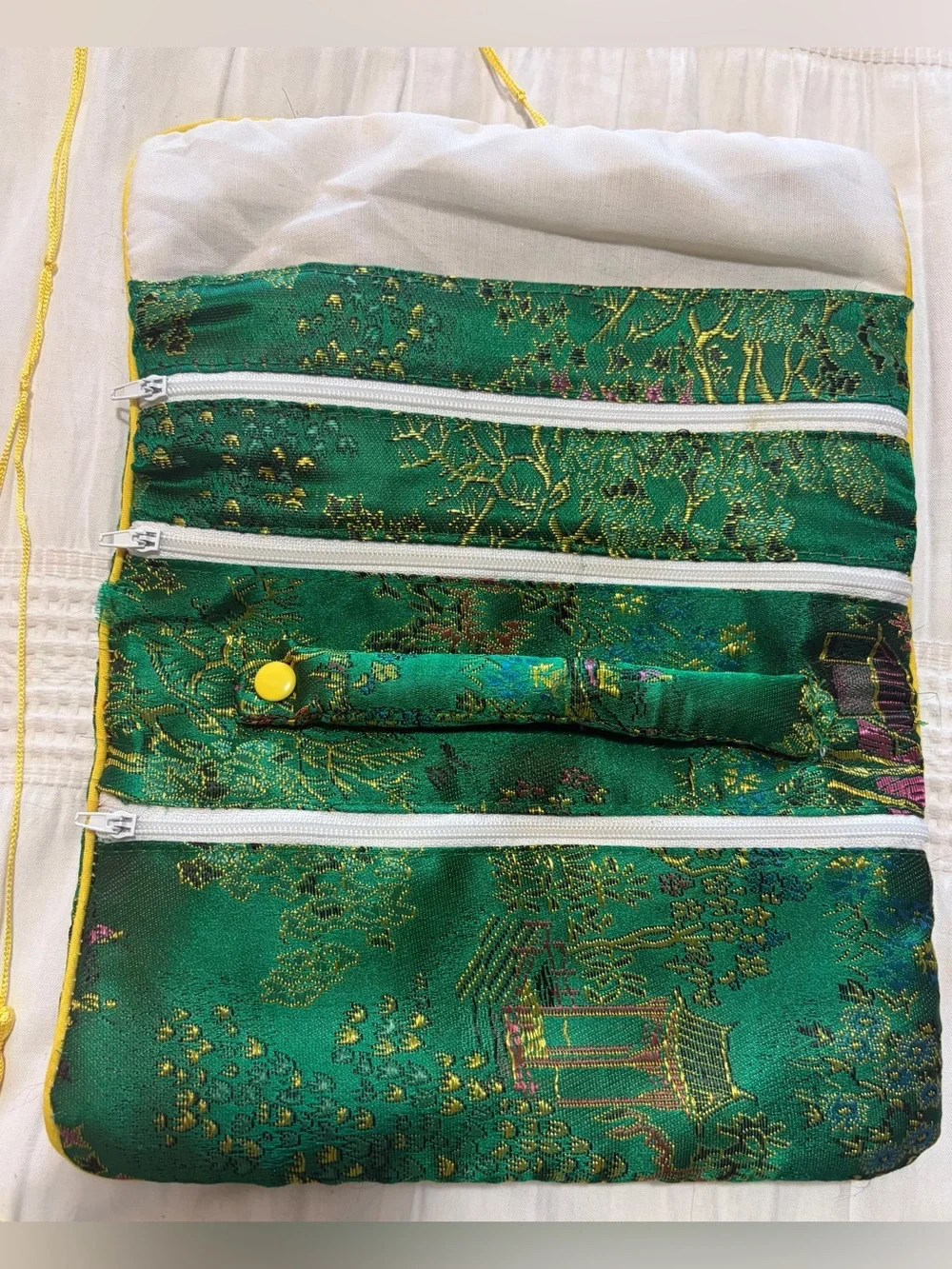 Vintage Emerald Green Chinese Satin Silk Travel Organizer Tie Pouch
